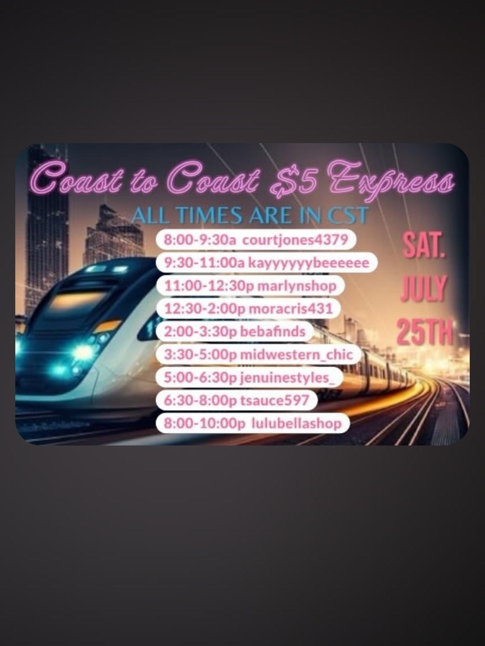 Coast to Coast $5 Express  Train July 25th!